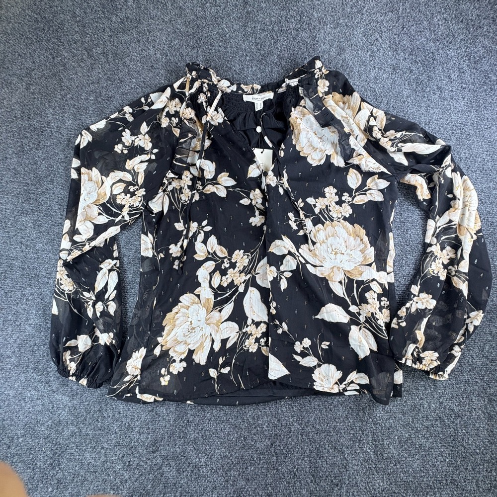 Haver + Blair Blouse Top Womens M Black Floral Sheer Ruffle Tie Neck Button Up